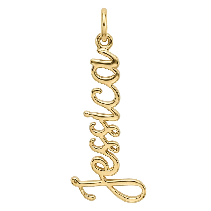 Gold pendant with cursive text on a white background