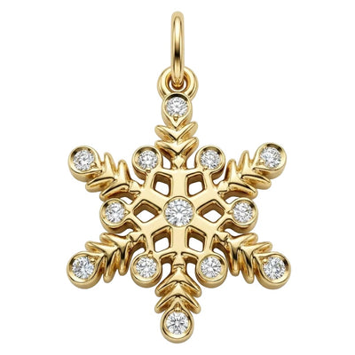 Gold snowflake pendant with embedded diamonds on a white background