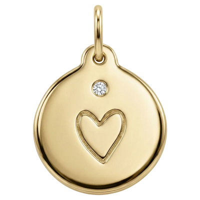 Gold pendant with a heart design and a small diamond on a white background