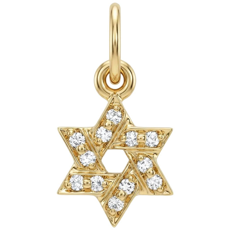 Gold Star of David pendant with embedded diamonds on a white background