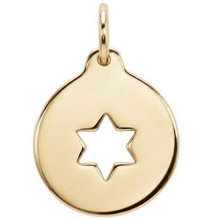 Gold pendant with a star cutout on a white background