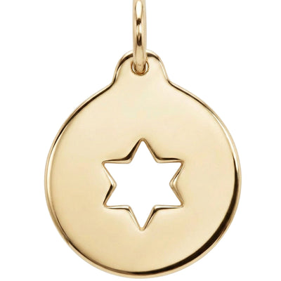 Gold pendant with a star cutout on a white background