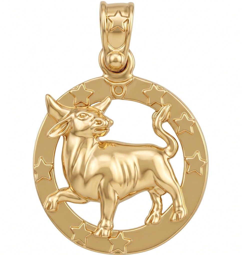 A gold pendant featuring a bull silhouette inside a circular frame decorated with stars, shown on a plain white background.