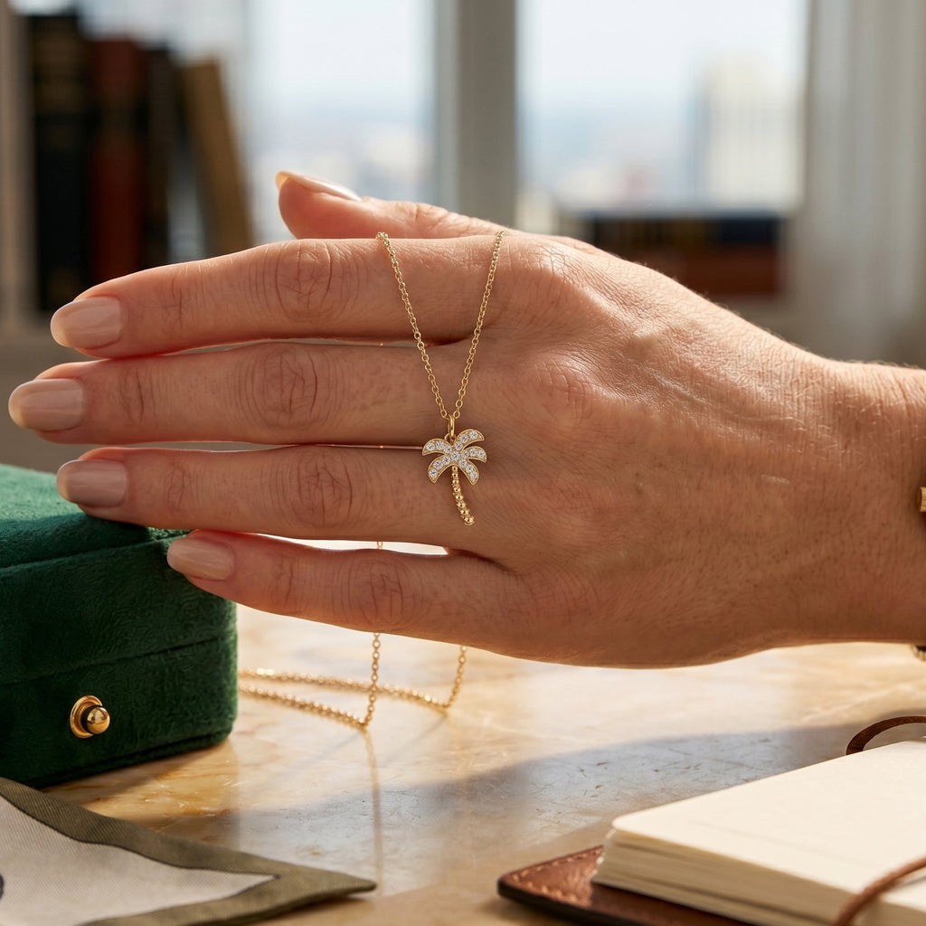 Hand wearing a gold necklace with a clover pendant on a wooden surface.