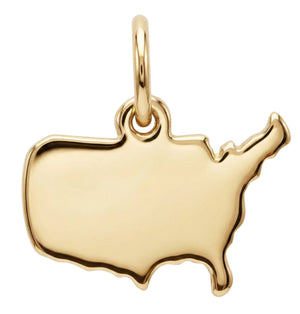 Gold pendant shaped like the United States on a white background