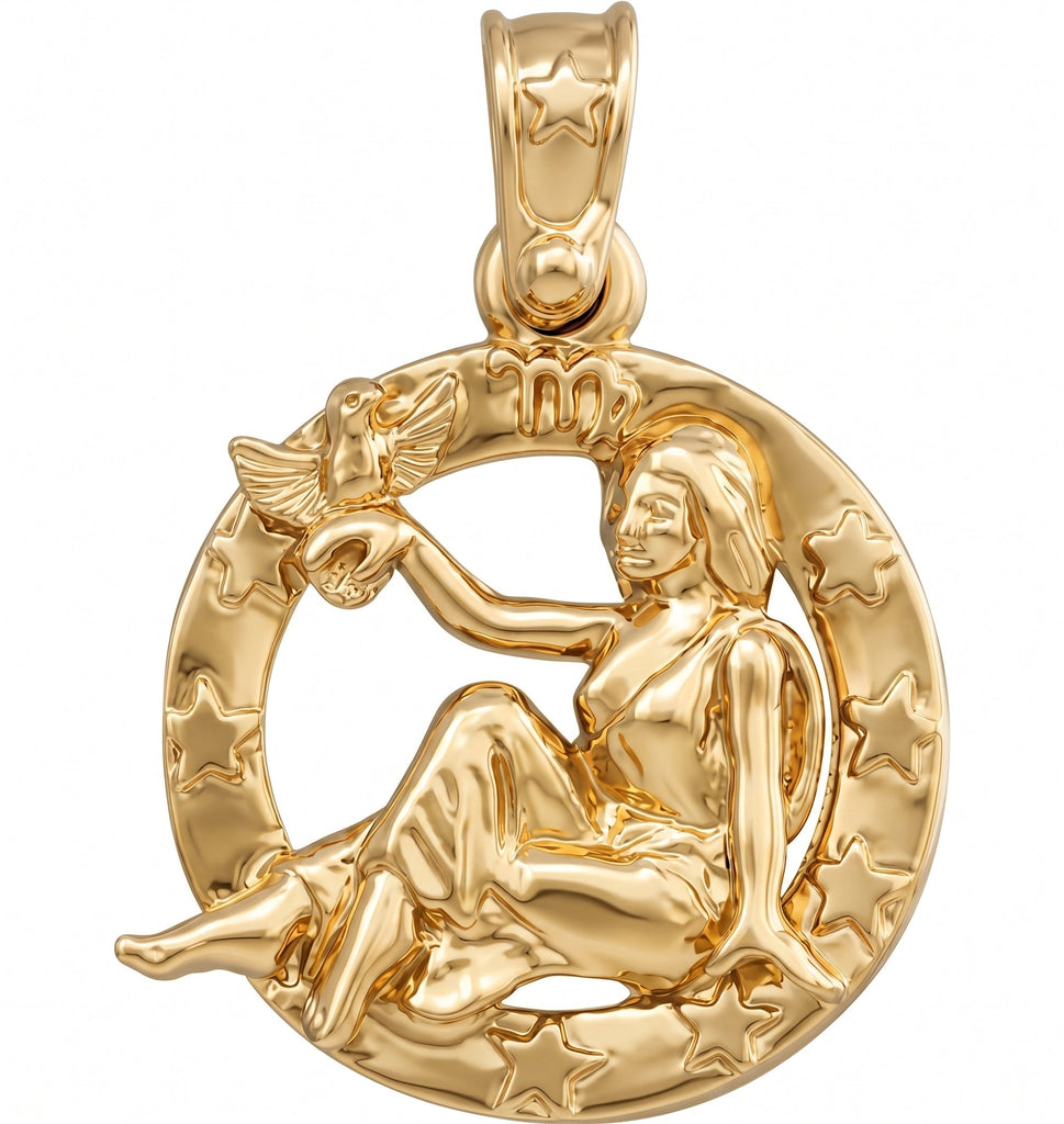 A polished yellow gold pendant featuring a zodiac symbol for Libra, depicting a seated woman holding a star, set against a circular background of stars.