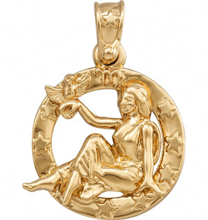 A polished yellow gold pendant featuring a zodiac symbol for Libra, depicting a seated woman holding a star, set against a circular background of stars.