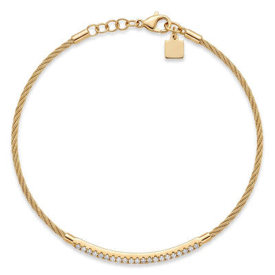 A gold cable chain bracelet with a curved bar set with small clear diamond stones along the front, shown on a plain white background.