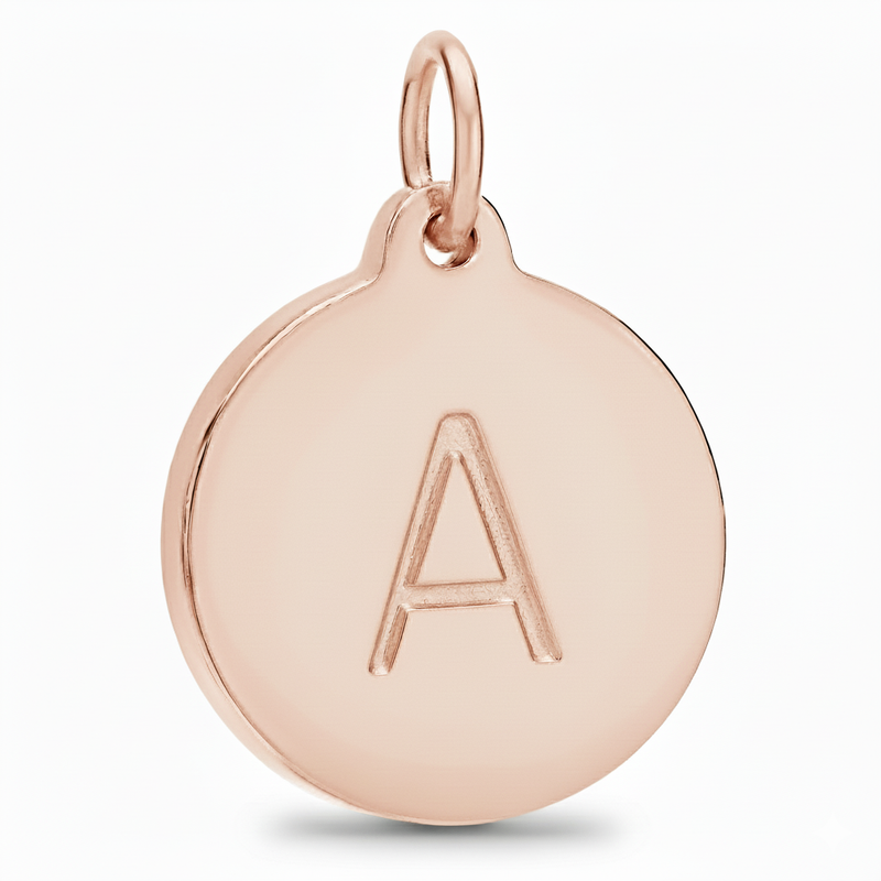 Rose gold pendant with letter 'A' on a white background