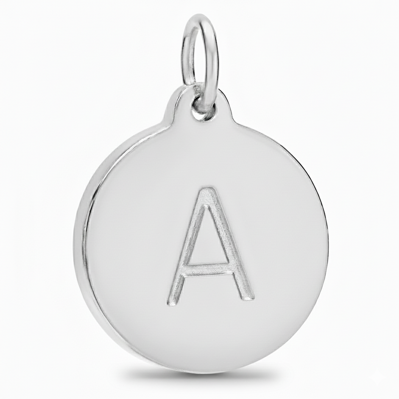 white gold pendant with letter 'A' on a white background