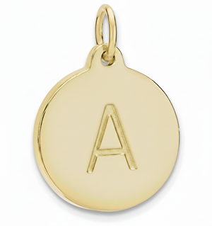 Gold pendant with letter 'A' on a white background