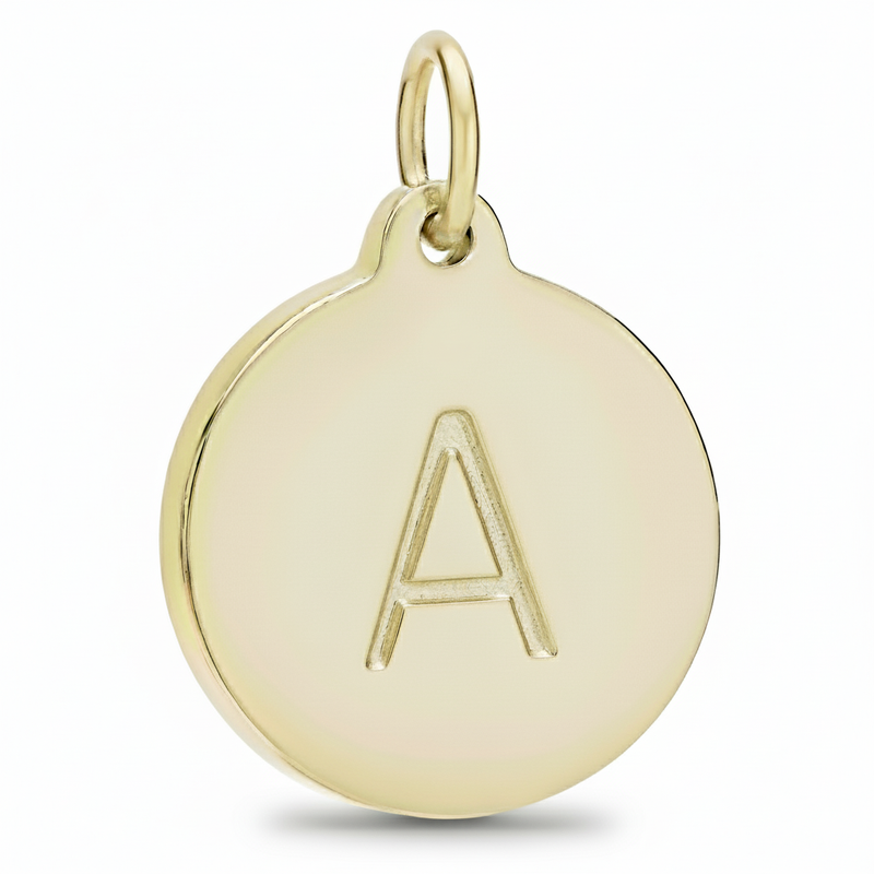 yellow gold pendant with letter 'A' on a white background