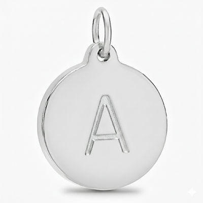 Silver pendant with letter 'A' on a white background