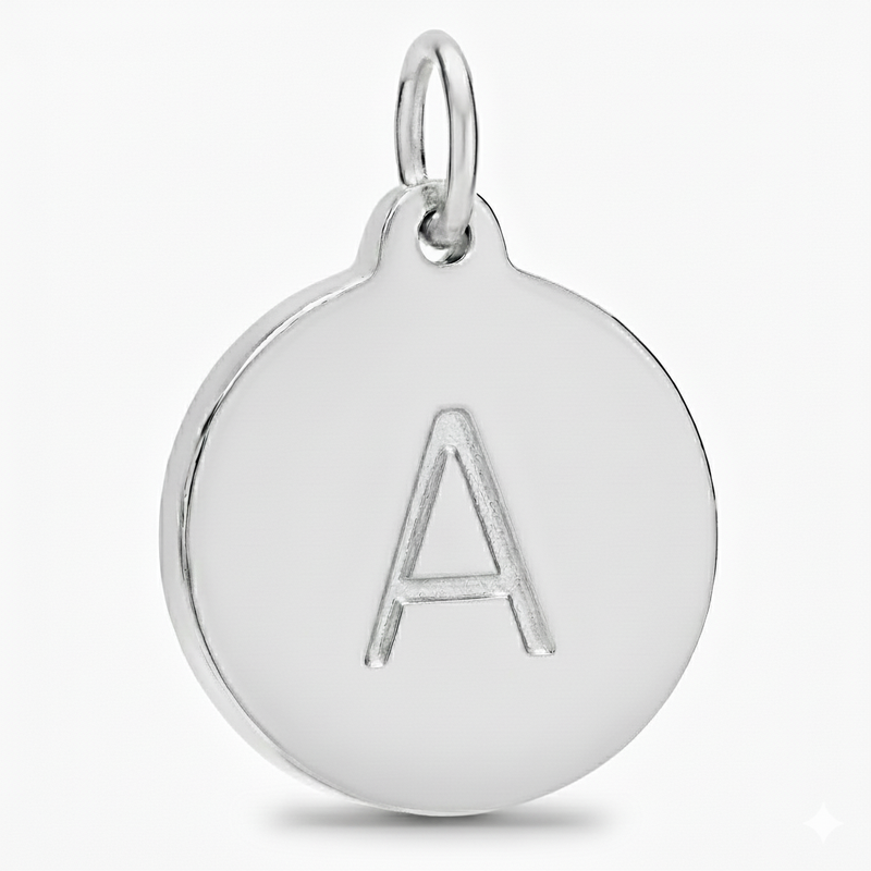 Silver pendant with letter 'A' on a white background