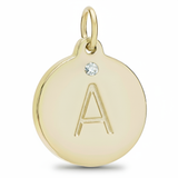 Gold pendant with letter 'A' and diamond on a white background