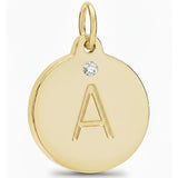 Gold pendant with letter 'A' and diamond on a white background

