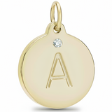 Gold pendant with letter 'A' and diamond on a white background