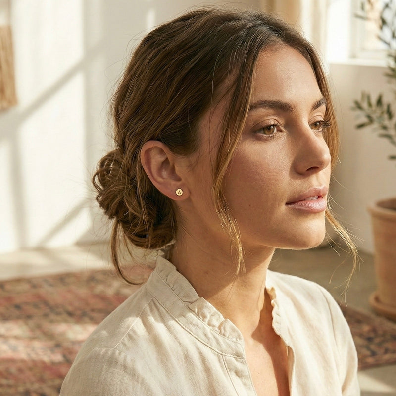 Woman with a bun hairstyle wearing a white shirt in a softly lit room.