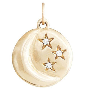 14K yellow gold crescent moon and three stars charm pendant with genuine diamonds on white background
