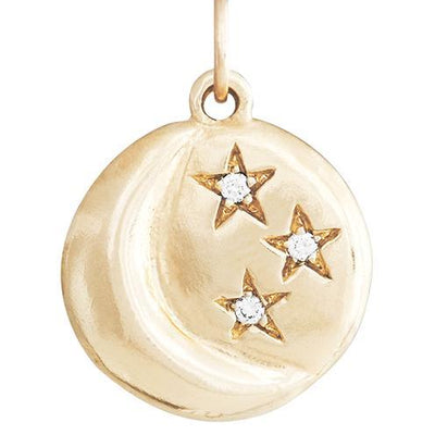 14K yellow gold crescent moon and three stars charm pendant with genuine diamonds on white background