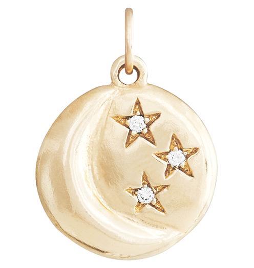 14K yellow gold crescent moon and three stars charm pendant with genuine diamonds on white background