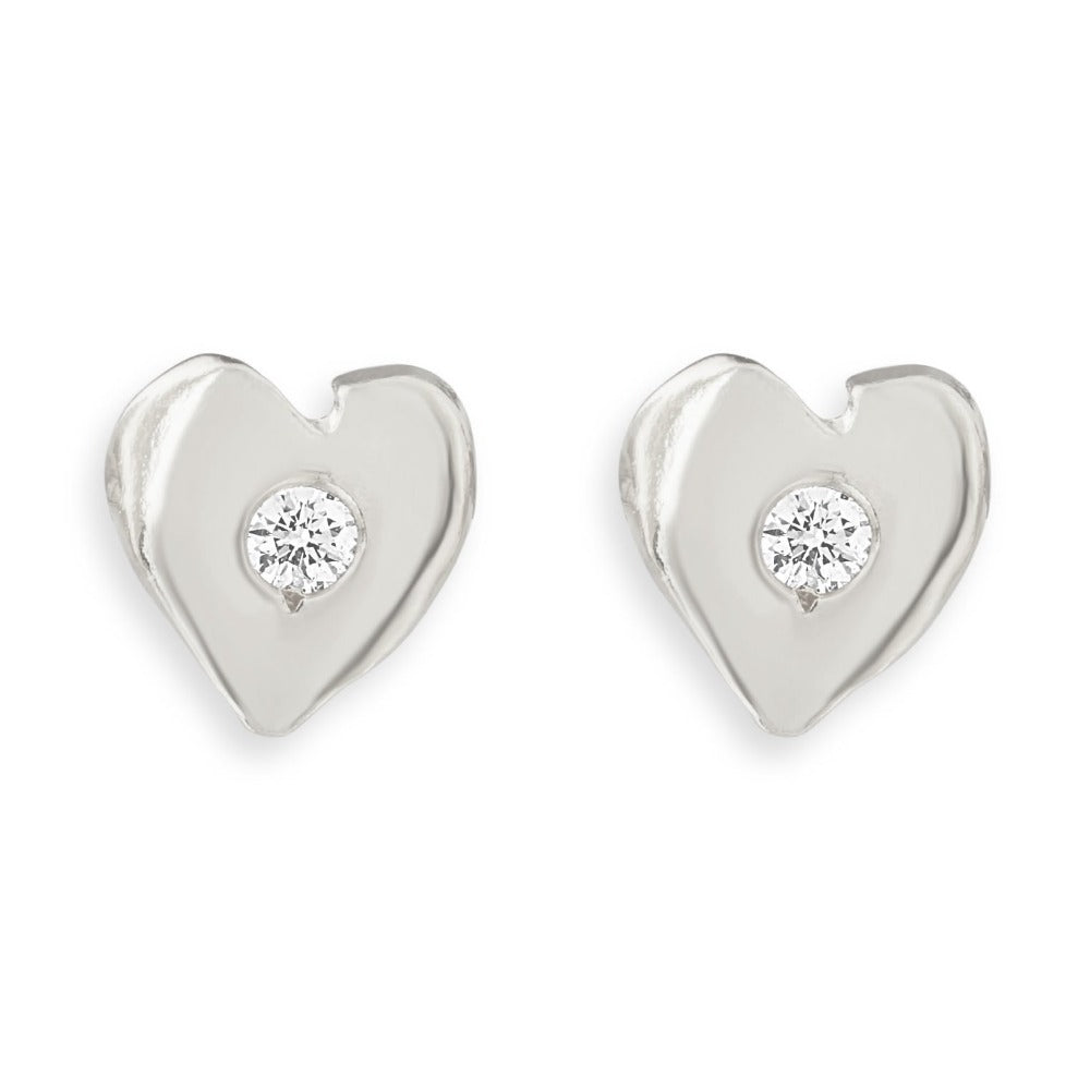 Heart Stud Earrings With Diamond - 14k White Gold - Helen Ficalora
