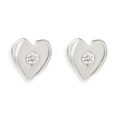 Heart Stud Earrings With Diamond - 14k White Gold - Helen Ficalora