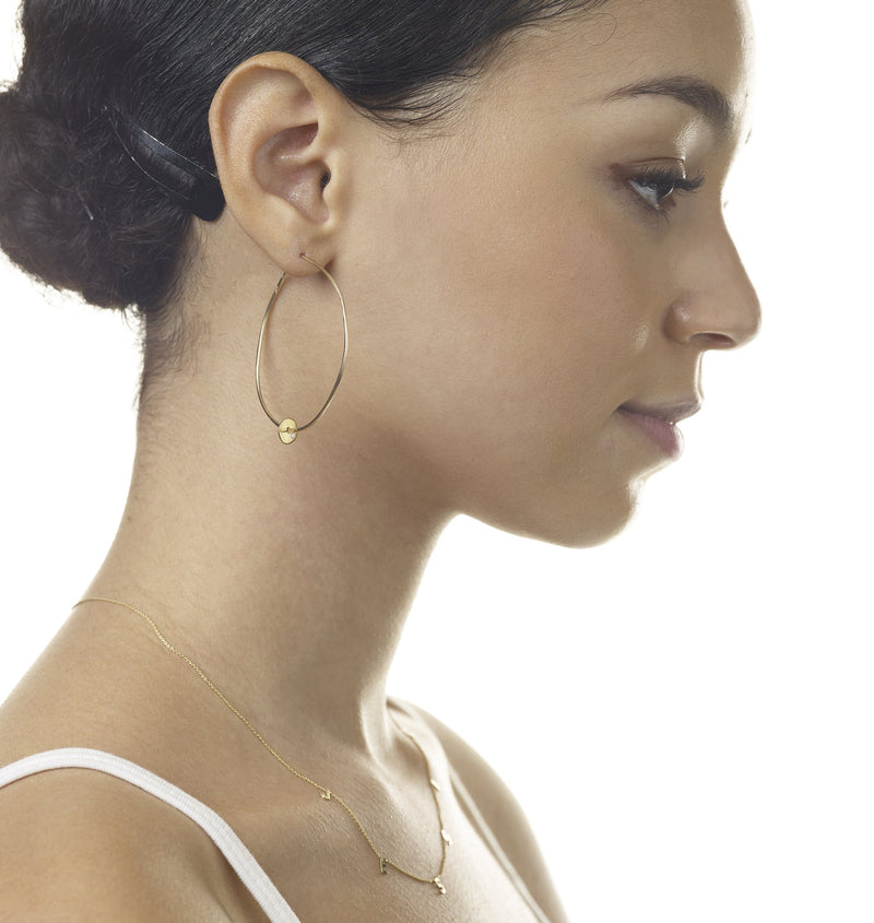 14K Gold Oval Hoop Earrings With Diamond Disk - Helen Ficalora