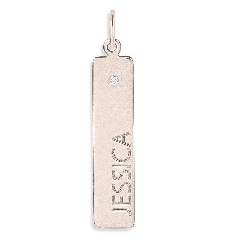 Bar Charm With Diamond Name Engraved In Letters For Necklaces And Bracelets 14k Rose Gold