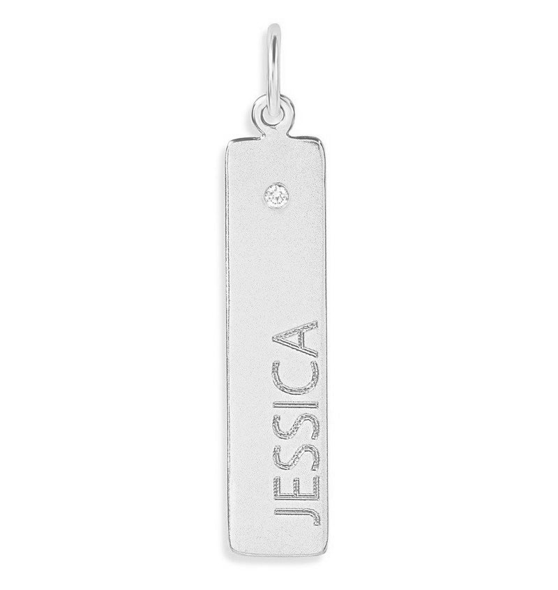 Bar Charm With Diamond Name Engraved In Letters For Necklaces And Bracelets Sterling Silver
