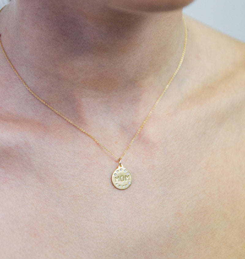 14kt Gold "Mom" Pendant with Diamonds - Helen Ficalora