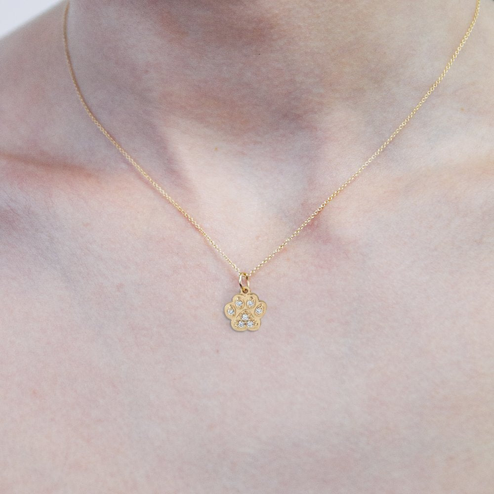 Dog Print Mini Charm Pavé Diamonds For Necklaces And Bracelets 14k Yellow Gold