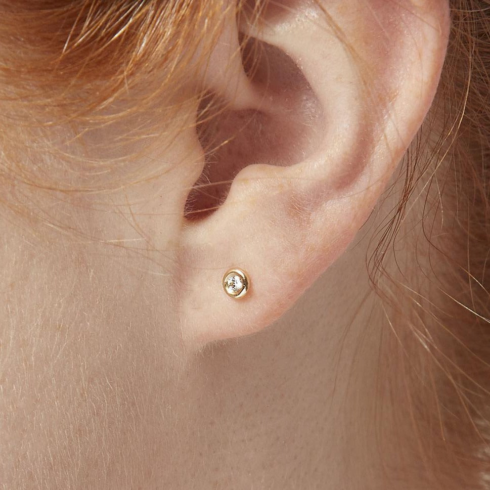 Tiny Gray Salt & Pepper Diamond Bezel Set 14kY Gold Stud Earrings, Rea