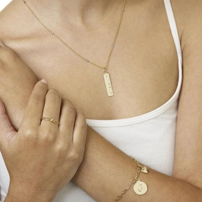 Bar Charm With Diamond Name Engraved In Letters For Necklaces And Bracelets 14k Yellow Gold