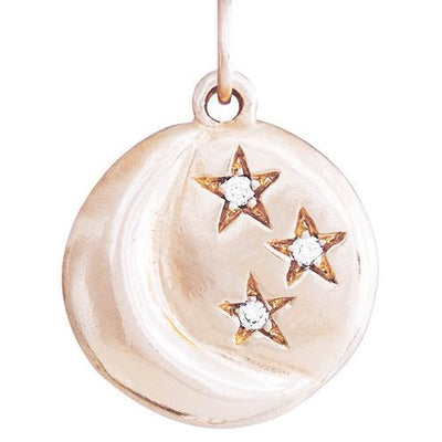 14K rose gold celestial charm with three diamond-studded stars
