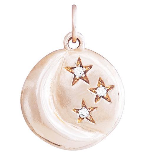 14K rose gold celestial charm with three diamond-studded stars
