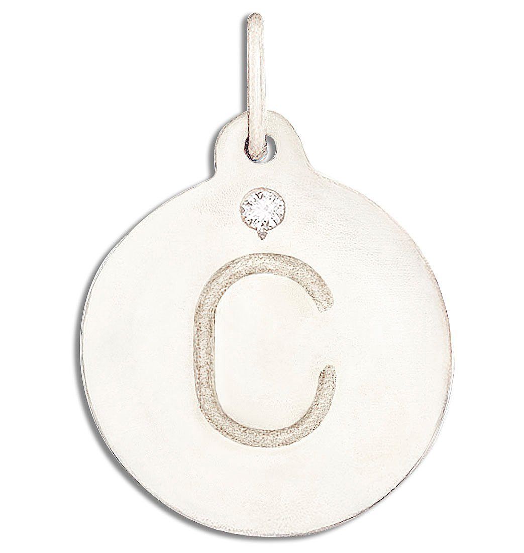 Initial Charms Pendants Necklace - White Simulated Diamond in 18K White Gold Over Silver Alpahbet C Letter Personalized Coin Name Necklaces for Womens