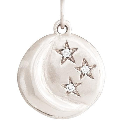 14K white gold moon and stars diamond charm close-up showing detail