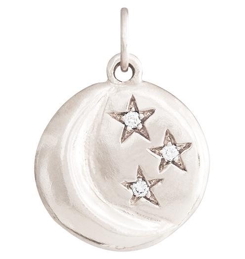 14K white gold moon and stars diamond charm close-up showing detail